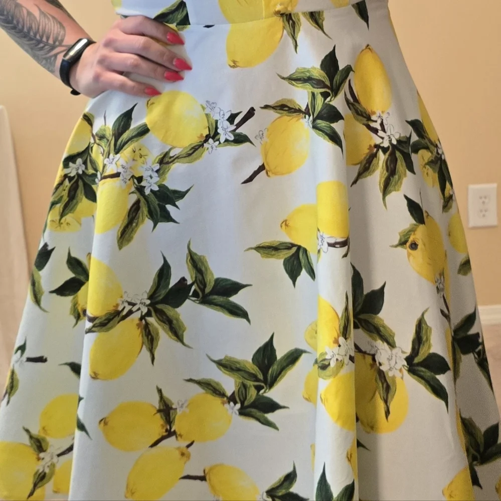 Belle Poque Retro Vintage Fit & Flare Lemon Print Dress Size L - Picture 6 of 12